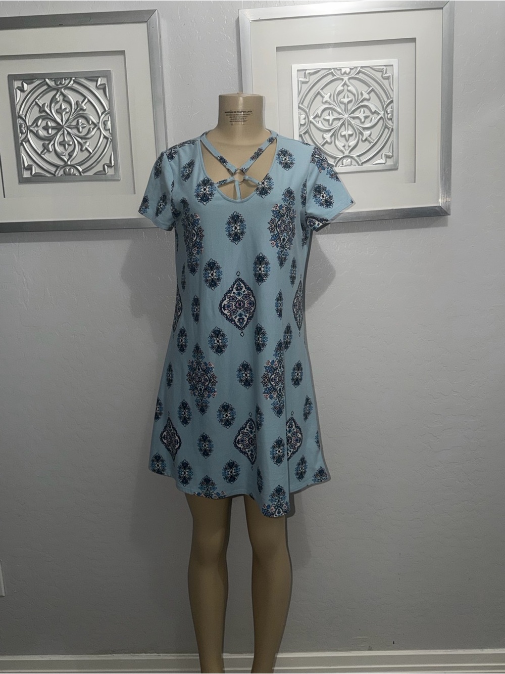 Pink Rose Light Blue Patterned Criss-Cross Hair Scarf